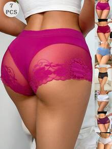 7 Pieces Boxers Women Lace Shorts Panty Lace Patchwork Semi-Transparent Lace Lightweight Lace Breathable Romantic Flowers Comfortable Breathable Transparent - Multicolor - View 1
