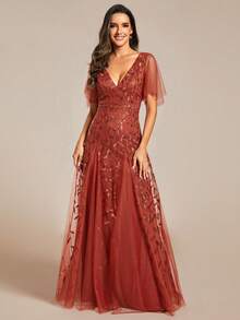 Women's V-Neck Sheer Ruffle Sleeve Floral Sequin Mesh Evening Dress - Burnt Orange - View 2