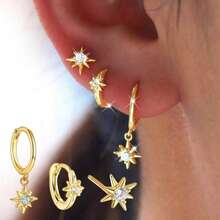 Set Of 3 Pairs Of Luxurious Star-Shaped Earrings With Sparkling Cubic Zirconias - Dorado - Ver 3