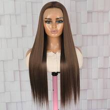 13X4 Long Straight 26 Inch Brown Lace Front Wig Lace Front Synthetic Wig Pre-Plucked Hairline Halloween Wigs Heat Resistant Fiber Hair Silky Straight Wig For Women Cosplay Party Daily Use - 棕色 - 查看 4