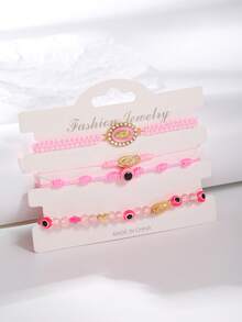 4件套时尚墨西哥手链，圣母玛利亚十字架手工编织手链，邪眼心形珠子手工编织手链，幸运礼物 - 粉色 - 查看 3