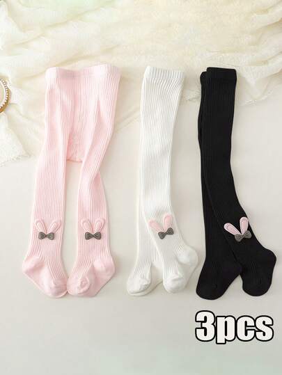 3条装女婴/幼儿可爱兔子装饰条纹连裤袜，百搭女童打底裤，适合日常四季穿着