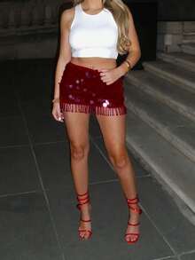 Sequin Mini Skirt For Women Summer Fashionable Versatile Sparkly Solid Color Low Waist Short Skirts - 紅色 - 查看 2