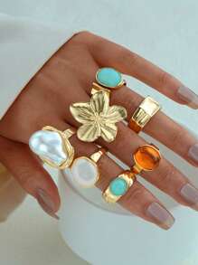 9-5 件复古时尚优雅复古硬币金属多元素彩色宝石、猫眼、水晶镶嵌亚克力可调节戒指套装，厚实锤纹不对称几何戒指，波西米亚风格多层堆叠戒指，适合女士、男士、情侣、夏季、度假、派对、婚礼、日常搭配、节日礼物 - 彩色 - 查看 7