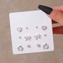6 Pairs/Set Female Heart Bow-Knot Rhinestone Pearl Stud Earring Set - Multicolor - View 1