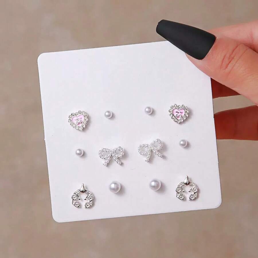 6 Pairs/Set Female Heart Bow-Knot Rhinestone Pearl Stud Earring Set - Multicolor - View 1