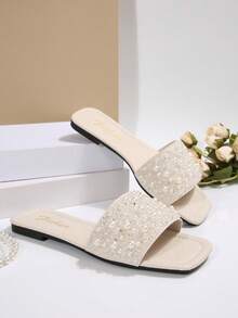 大码女式一脚蹬凉鞋，新款夏季银色方头平底凉鞋，时尚防滑水钻软底系带拖鞋，适合连衣裙、沙滩装、休闲装 - 白色 - 查看 5