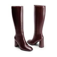 Women's Square Toe Gogo Boots Chunky Heel Classic Solid Color Knee High Boots With Side Zip Fashionable Tall Boots - 酒紅色 - 查看 9