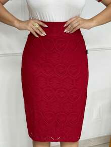 Women's Straight Midi Skirt In Laise Lined With Back Slit And Rear Zipper Simple Elegant Evangelical Fashion Wedding - 紅色 - 查看 2