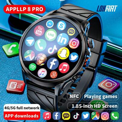 LOKMAT APPLLP 8 PRO smartwatch Schermo rotondo HD da 1.85 pollici Fotocamera HD Frequenza cardiaca Ossigeno nel sangue Funzione di respirazione Rilevamento della salute Scheda SIM inseribile Accesso a Internet WiFi Download dell'APP Sistema Android 8.1 Supporto GPS/Beidou/Granus/AGPS/LBS/WIFI