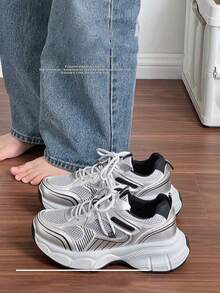 Zapatillas de suela gruesa para mujer, estilo ins, finas y antideslizantes, de malla ligera y transpirable, zapatillas de running casuales, zapatillas deportivas de moda. - Plateado - Ver 4