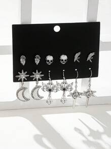 6 Pairs Gothic Cross, Sunflower, Pentagram, Crescent Moon, Raven, Pentagram, Skull Fashionable Earring Set