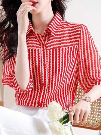 Women's Semi-Sheer Red Striped V-Neck Ruffle Sleeve Lace Trim Blouse