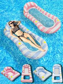 1pc Inflatable Floating Raft, Daisy Stripe Fresh Style With Middle Net, Summer Pool Water Play Inflatable Raft Swim Ring, For Pool Party And Water Gathering, Available In Single Hole Or Multi-Hole Floating Bed Set - Small Daisy Floating Raft With Middle Net - View 4