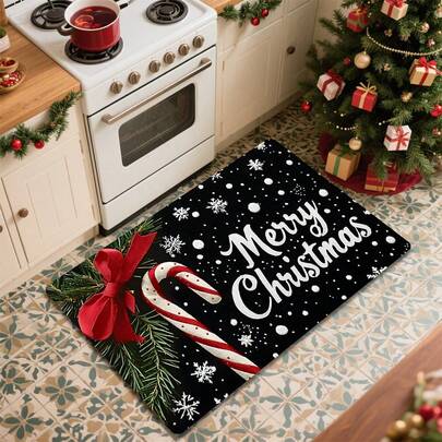 1 set/2 pièces/3 pièces Tapis de sol de cuisine à motif de bonbons de Noël, thème hivernal festif, dos en caoutchouc antidérapant, lavable en machine, matériau en polyester, décoration pour la maison, tapis d'intérieur chaud pour la chambre, la cuisine et autres endroits, peut être utilisé comme cadeau