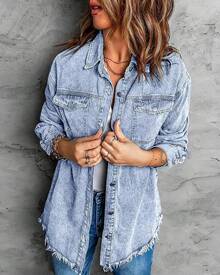 Vetinee Women's Oversized Button Up Frayed Hem Shacket Long Sleeve Pockets Denim Jean Jacket - 路夜藍 - 查看 3