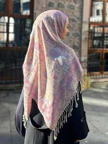 1 pezzo Sciarpa da donna stile boho con nappine, scialle jacquard con motivo paisley, hijab in pashmina con motivo a pietra, serie rosa, vari motivi raffinati, adatto come regalo, adatto per uscite autunnali e invernali - Rosa - Visualizzare 2