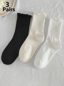 1 Pair/3 Pairs/6 Pairs Japanese Style Ruffle Socks, Cute Women Socks, Fresh Lace Trim Socks, Ruffle Decor Short Socks, White Ruffle Trim Casual Mid-Calf Socks - Multicolor - View 3