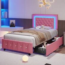 Twin/ Full/ Queen/ King Size Bed Frame With Storage Drawers, Upholstered LED Bed Frame With Headboard, Modern Platform Bed Frame With Headboard And Footboard, Diamond Tufted Design, No Box Spring Needed, Twin/ Full/ Queen/ King, Pink/ Black/ White/ Purple/ Yellow (Twin Size 2 Drawers/ Other Size 4 Drawers) - Hồng - Xem 11