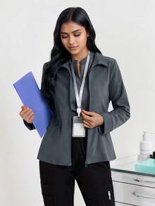 Women's Long Sleeve Open Front Pocket Fleece Scrubs Nurse Scrubs Workwear Dentist Healthcare Pet Hospital Laboratory Uniform Jacket - 灰色 - 查看 9