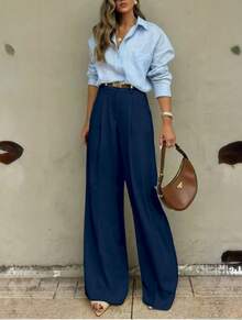 Calça de terno reta, de pernas largas. Comprimento até o chão - Azul Marinho - Visão 2
