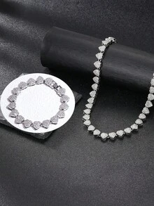 LIGHTSOME 水晶镶嵌心形链条项链和手链套装，女士优雅嘻哈链条钻石心形项链，闪亮派对珠宝，适合女性，日常和场合佩戴，圣诞礼物，多种尺寸可选 - 愛心 - 查看 7