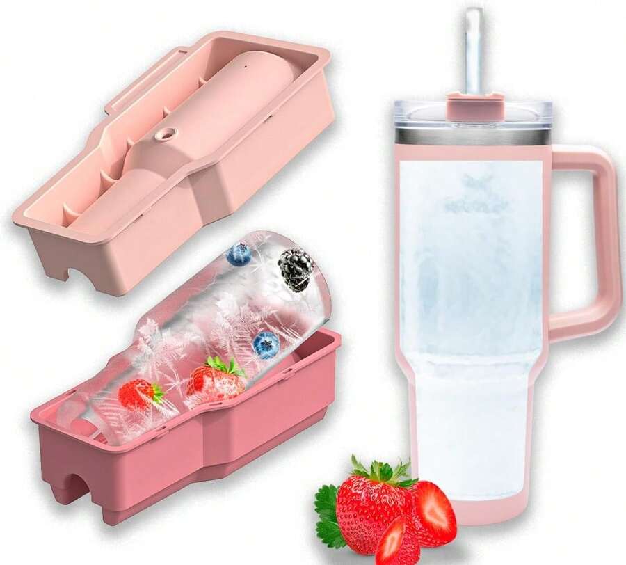 Ice Cube Tray For 40 Oz Tumbler Cup, 1Pcs Ice Mold Silicone Hollow Cylinder Ice Mold With Lid And Bin For Freezer Ice Drink Juice Whiskey Cocktail,11114385 - 玫紅色 - 查看 1