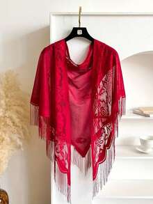 1 件女士新款蕾丝流苏披肩围巾，轻盈透气纯色三角围巾，头巾，婚礼、派对、伴娘礼服配饰 - 卡其色 - 查看 7