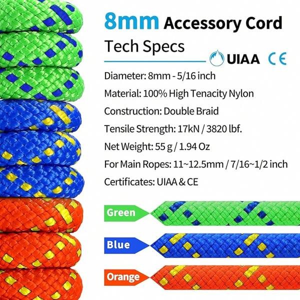 Prusik Cord 8mm (5/16in) 20M(65ft) Climbing Nylon Rope Accessory Line Double Braid Pre Cut Cord Climbing Rock Accessories Uiaa High Tensile Strength For Mountaineering, Canyoneering, Rescue