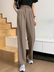 La versión coreana de pantalones de traje para mujeres en verano es alta, cintura suelta, tubo recto, delgado y pantalones de trapeador de gran tamaño. - Caqui - Ver 6