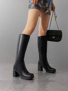 Botas altas hasta la rodilla con tacón grueso y bloque, plataforma con punta cuadrada, de unicolor y con cremallera lateral, de moda tipo go-go - Negro - Ver 3