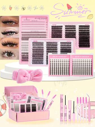 1260pcs D-Curl Fluffy Eyelash Extension Kit, DIY Eyelash Extension Set, 5-18mm 30D 40D 50D Individual Lashes, Includes Lash Glue, Sealant, Tweezers, Makeup Remover, Lash Brush, Headband, Suitable For Self-Use (5-18mm, Set)
