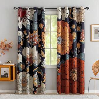 2pcs Medieval Floral Bohemian Style Curtains - Modern Design, With Tie Rings, Easy Installation, Digital Printed Polyester Fabric, Semi-Sheer, Privacy Protection, Suitable For Living Room, Kitchen, Bedroom, Study, Hotel, Restaurant Home Decor