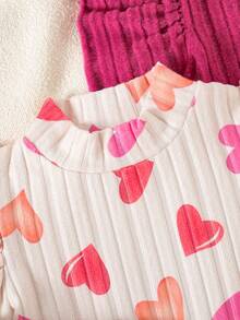 3pcs/Set Young Girls' Cute Heart Print Solid Color Ruffle Bubble Long Sleeve Mock Neck Fleece T-Shirts - Multicolor - View 7