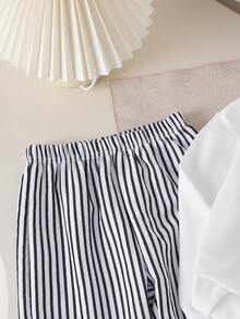 2pcs/Set Boys Casual Round Neck Sweatshirt With Embroidered Design And Elastic Waist Striped Jogger Pants, Suitable For Spring/Autumn Outdoor Wear - White - View 6