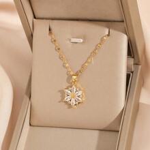 1pc Women's Fashionable Gold Necklace, Korean Version Titanium Steel Lip Chain, Pink Cherry Blossom Necklace, Mori Style Snowflake Collarbone Chain Jewelry