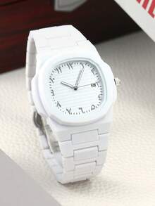 1 件男士优质塑料简约日历反时尚横条纹男士手表石英男士手表 - 白色 - 查看 12