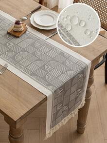 1pc Table Runner, Waterproof Fabric With Tassel Fringe, Suitable For Home Desktop Decor, Wedding, Restaurant, Living Room - Faroese Grey - View 11