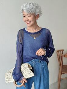 FRIFUL Women's Loose Fit Blue Round Neck See-Through Mesh Overlay Top, Spring/Summer Long Sleeve Top - Navy Blue - View 4