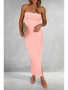 Women's Summer Bodycon Maxi Tube Dress Ribbed Strapless Side Slit Long Going Out Casual Elegant Party DressesHalloween Christmas New Year - 粉色 - 查看 7