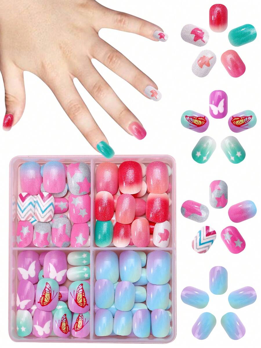 NAIO 96pcs/Set Kids Press On Nails Acrylic False Nails Pre-Glued Full Cover Glitter Cute Gradient, Five-Pointed Star, Butterfly, Unicorn And Other Elements Short Children's Stick-On False Nails Set For Kids Little Girls - Cute Spring And Summer Gradient Butterfly Theme