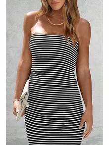 Women's Summer Bodycon Maxi Tube Dress Ribbed Strapless Side Slit Long Going Out Casual Elegant Party DressesHalloween Christmas New Year - 條紋黑白 - 查看 5