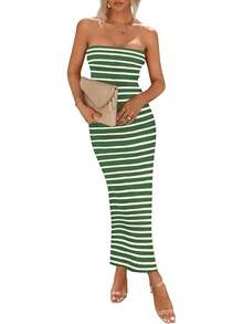 Women's Summer Bodycon Maxi Tube Dress Ribbed Strapless Side Slit Long Going Out Casual Elegant Party DressesHalloween Christmas New Year - 寬條紋綠白 - 查看 1