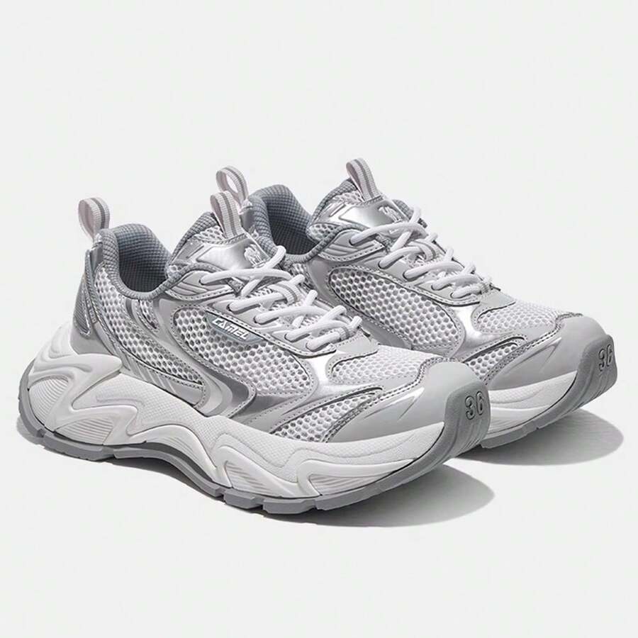 CAMEL CROWN 女士运动鞋，防滑鞋，透气女鞋，复古厚底运动鞋 - 白淺銀灰 - 查看 1