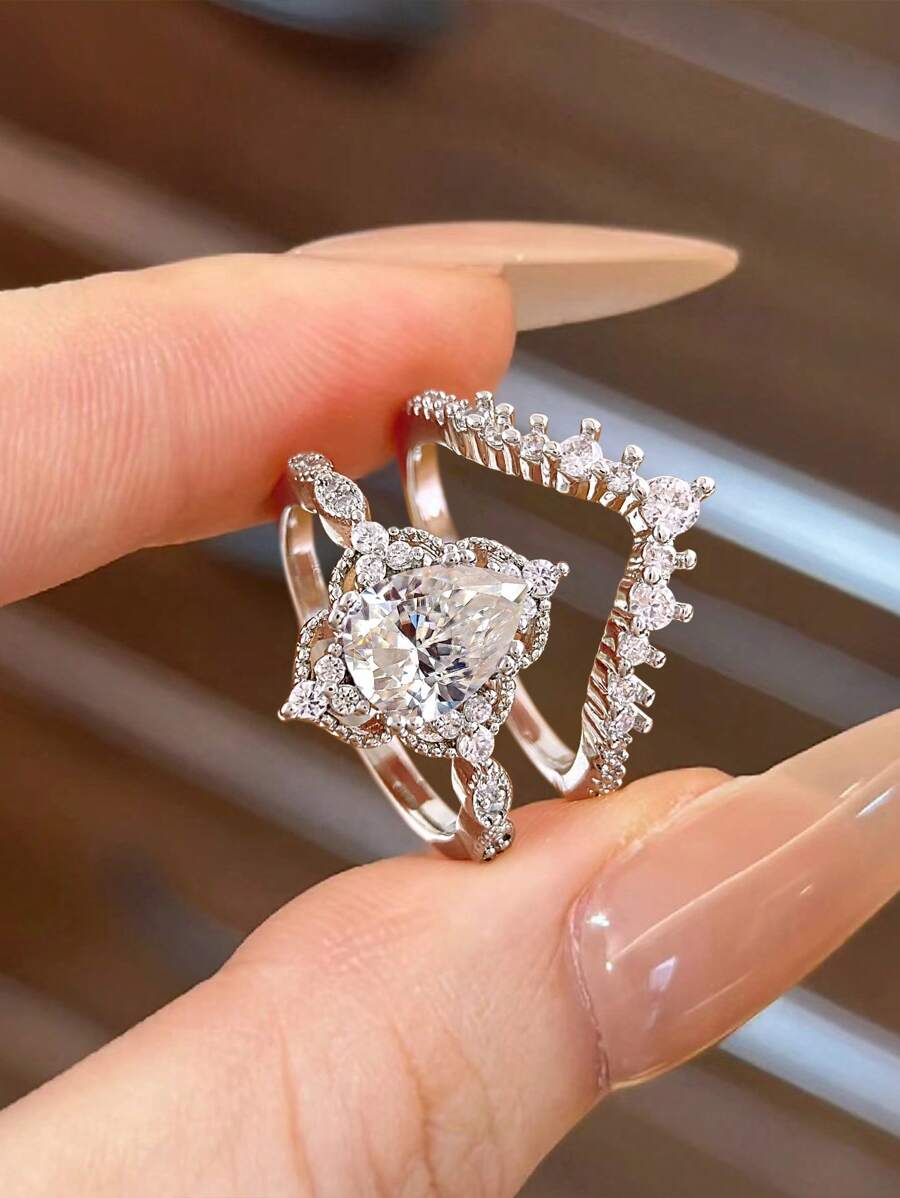 Stylever Un set de inele din argint 925, luxos și rafinat în formă de picătură, din zirconiu, cadou pentru logodnă, nuntă, petrecere, ținută zilnică, bijuterii de lux pentru femei