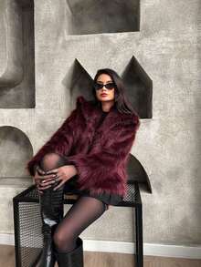 TRAFZA Women's Faux Fur Elegant Jacket, Casual Luxury Solid Color Coat, Warm Loose Women's Fashion Street Style Long Sleeve Jacket - Burgundy - View 6