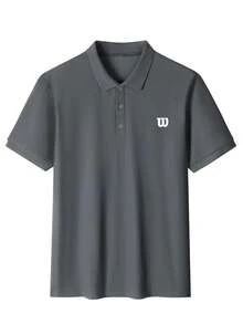 Men's Letter Print Short Sleeve Casual Commuter Polo Shirt - Dark Grey - View 2