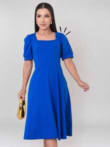 Milimetrica Vestido Midi Feminino Gravida Soltinho Elegante Com Manga Princesa Evangélico Congregar - Azul Royal - Visão 8