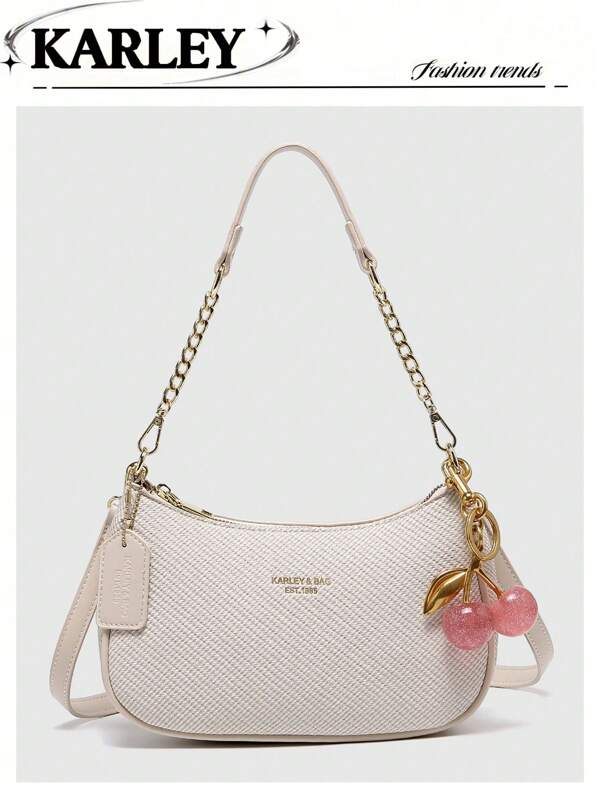 2025 New Fashion Classic Wild Alphabet Pattern Decoration Design Solid Color PU Waterproof Fabric Shoulder Bag Moon Bag, Suitable For Shopping, Can Be Obl