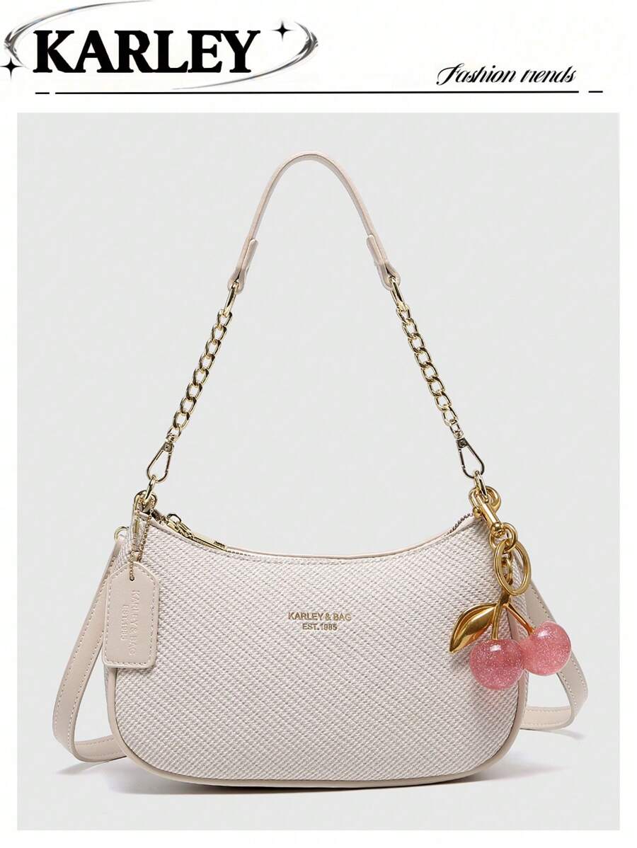 2025 New Fashion Classic Versatile Letter Graphic Design Solid Color PU Leather Crescent Shoulder/Underarm Bag, Y2K Shoulder/Underarm Bag, Suitable For Shopping, Can Be Worn Crossbody - White - View 1